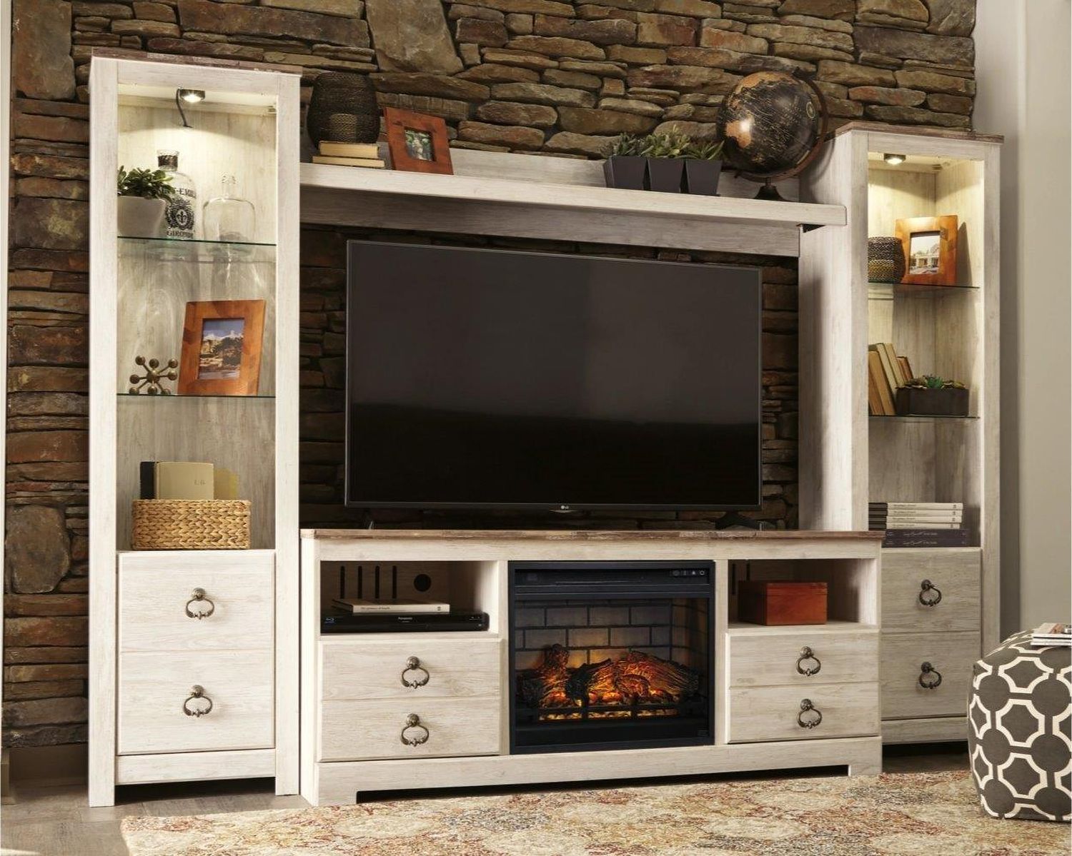 Willowton 4-Piece Entertainment Center with Electric Fireplace In White Wash W267W9