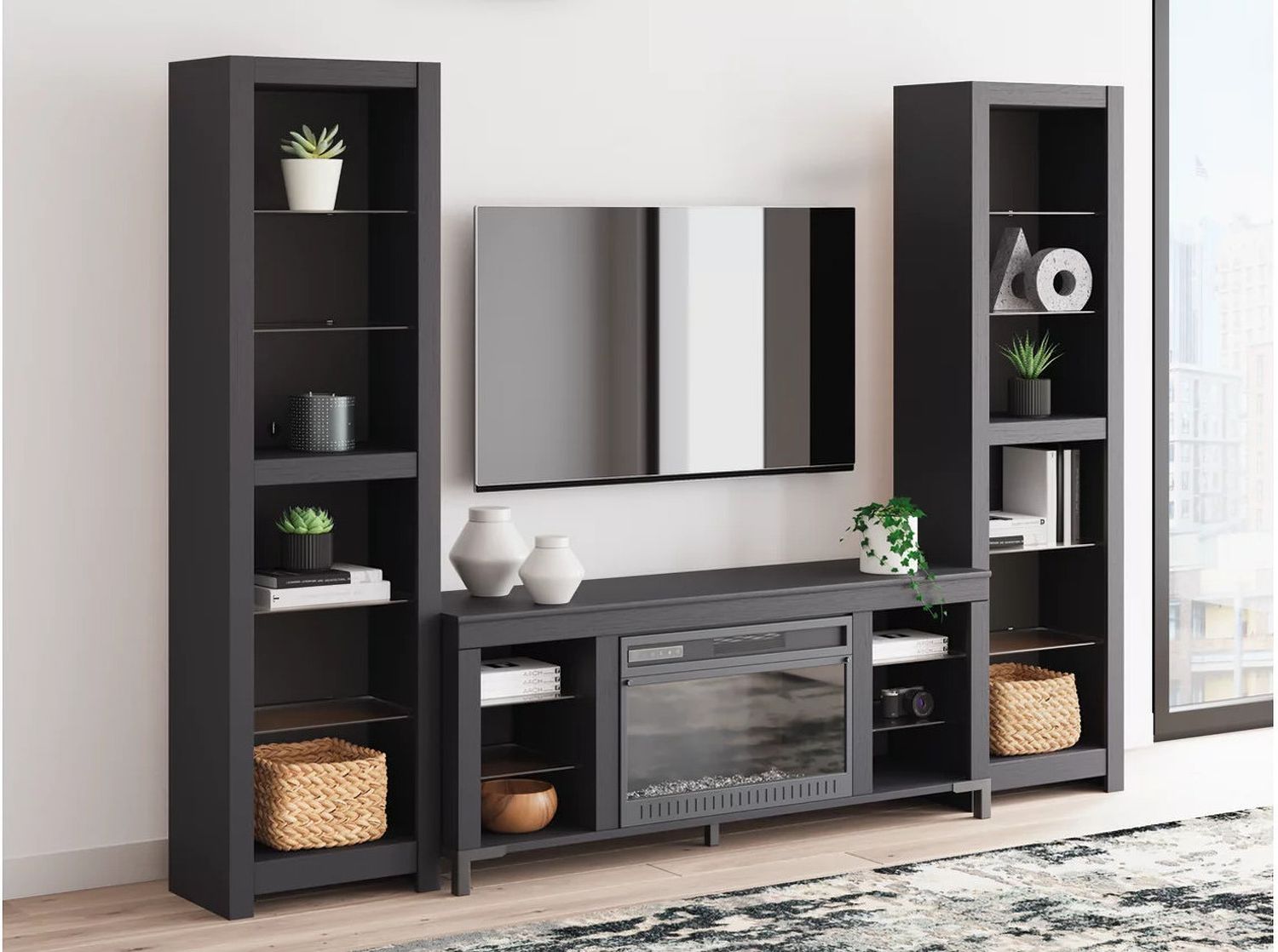 Cayberry 3-Piece Entertainment Center with Electric Fireplace In Black W2721W2