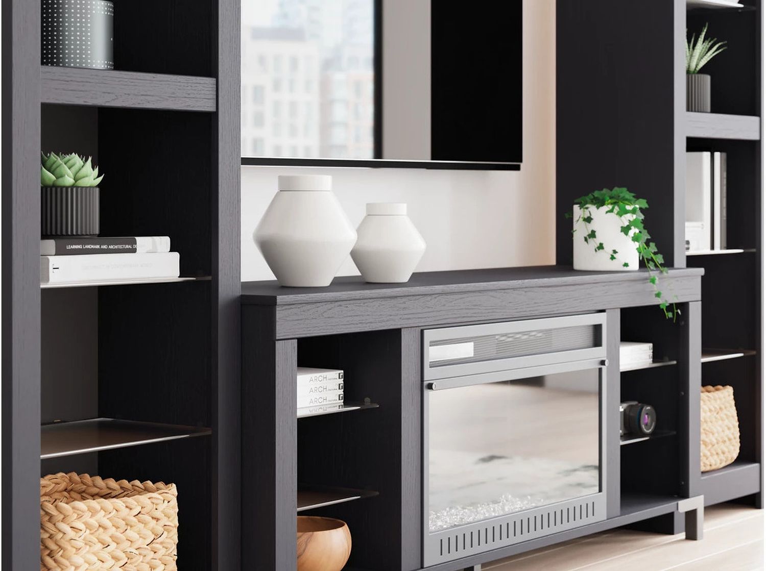Cayberry 3-Piece Entertainment Center with Electric Fireplace In Black W2721W2