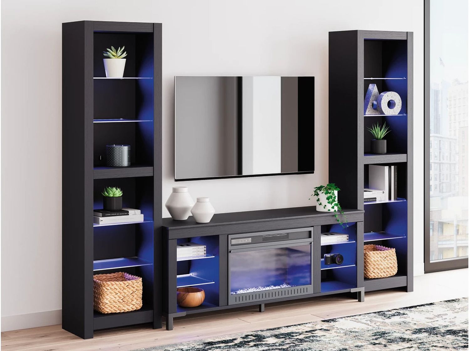 Cayberry 3-Piece Entertainment Center with Electric Fireplace In Black W2721W2