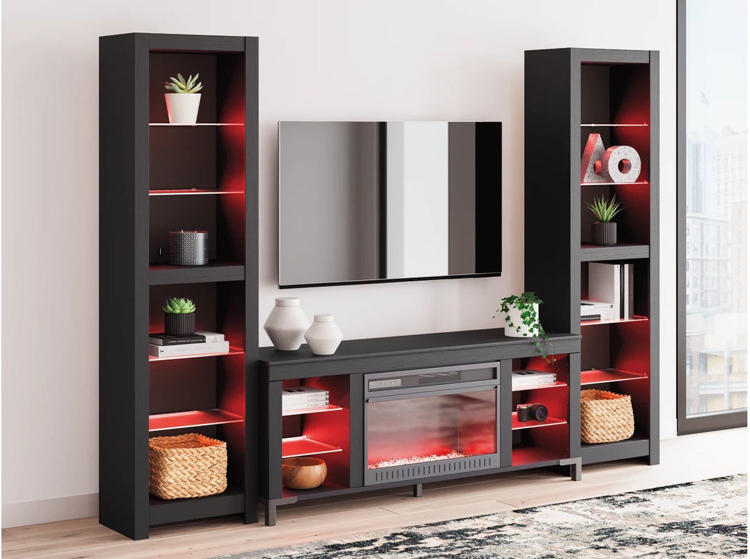 Cayberry 3-Piece Entertainment Center with Electric Fireplace In Black W2721W2