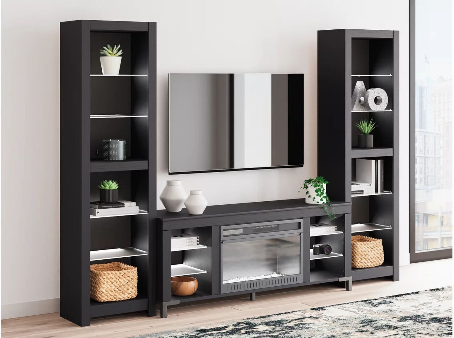 Cayberry 3-Piece Entertainment Center with Electric Fireplace In Black W2721W2