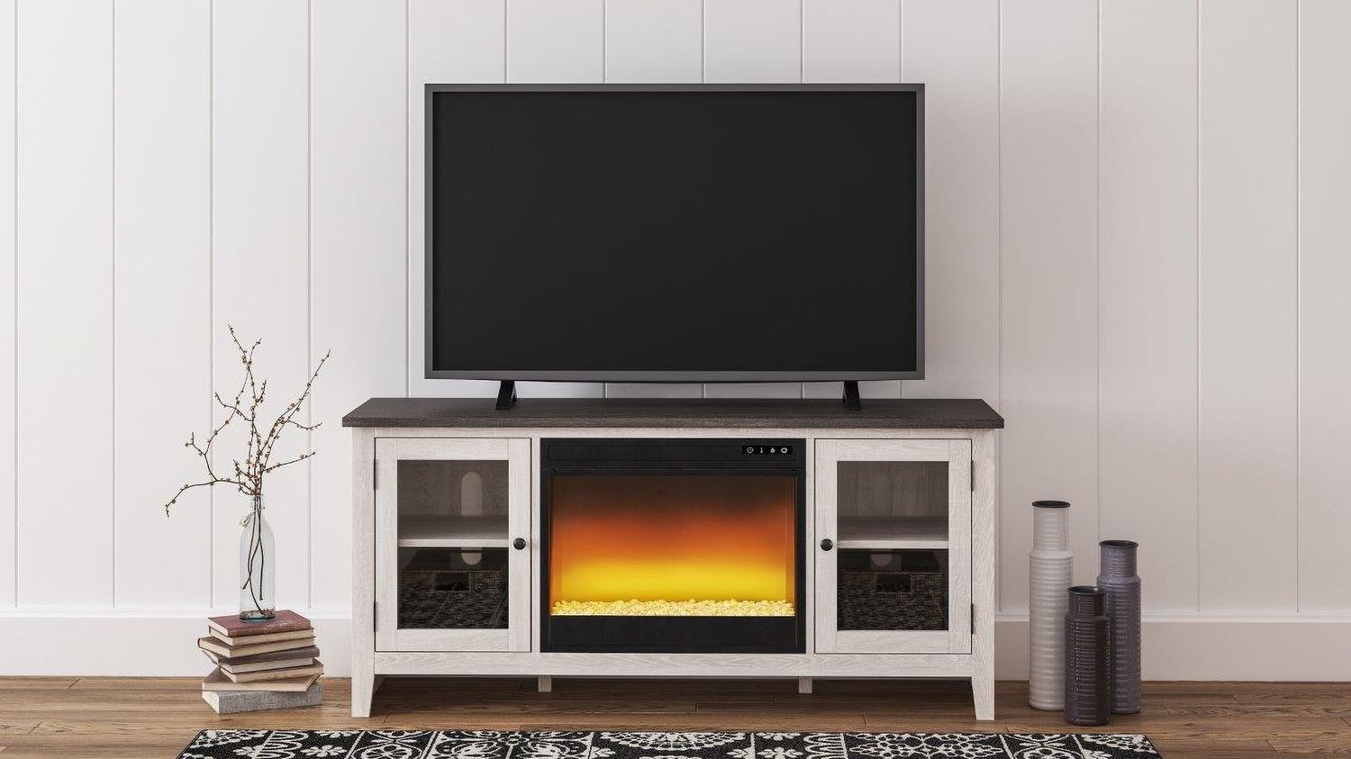 Dorrinson Antique White And Gray 60 Inch TV Stand With Electric Fireplace W287W2