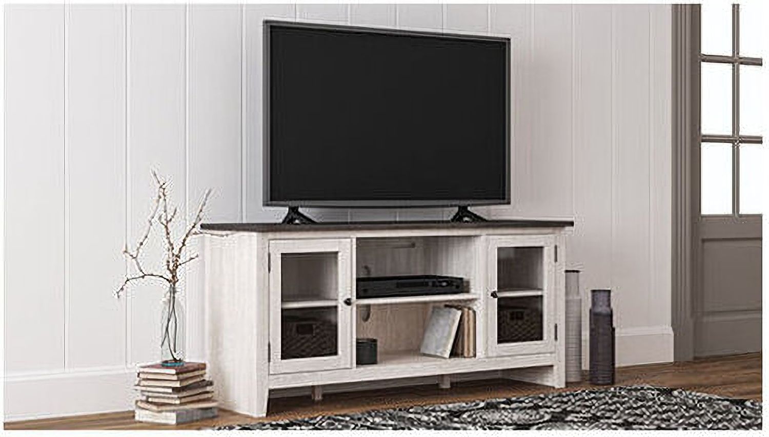Dorrinson Antique White And Gray 60 Inch TV Stand With Electric Fireplace W287W2
