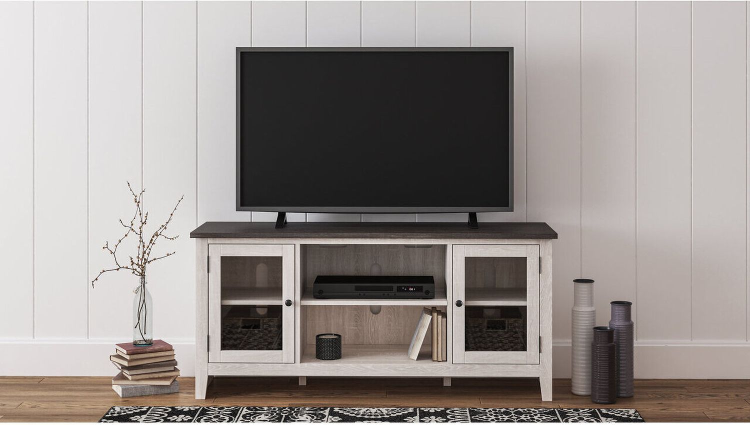 Dorrinson Antique White And Gray 60 Inch TV Stand With Electric Fireplace W287W2