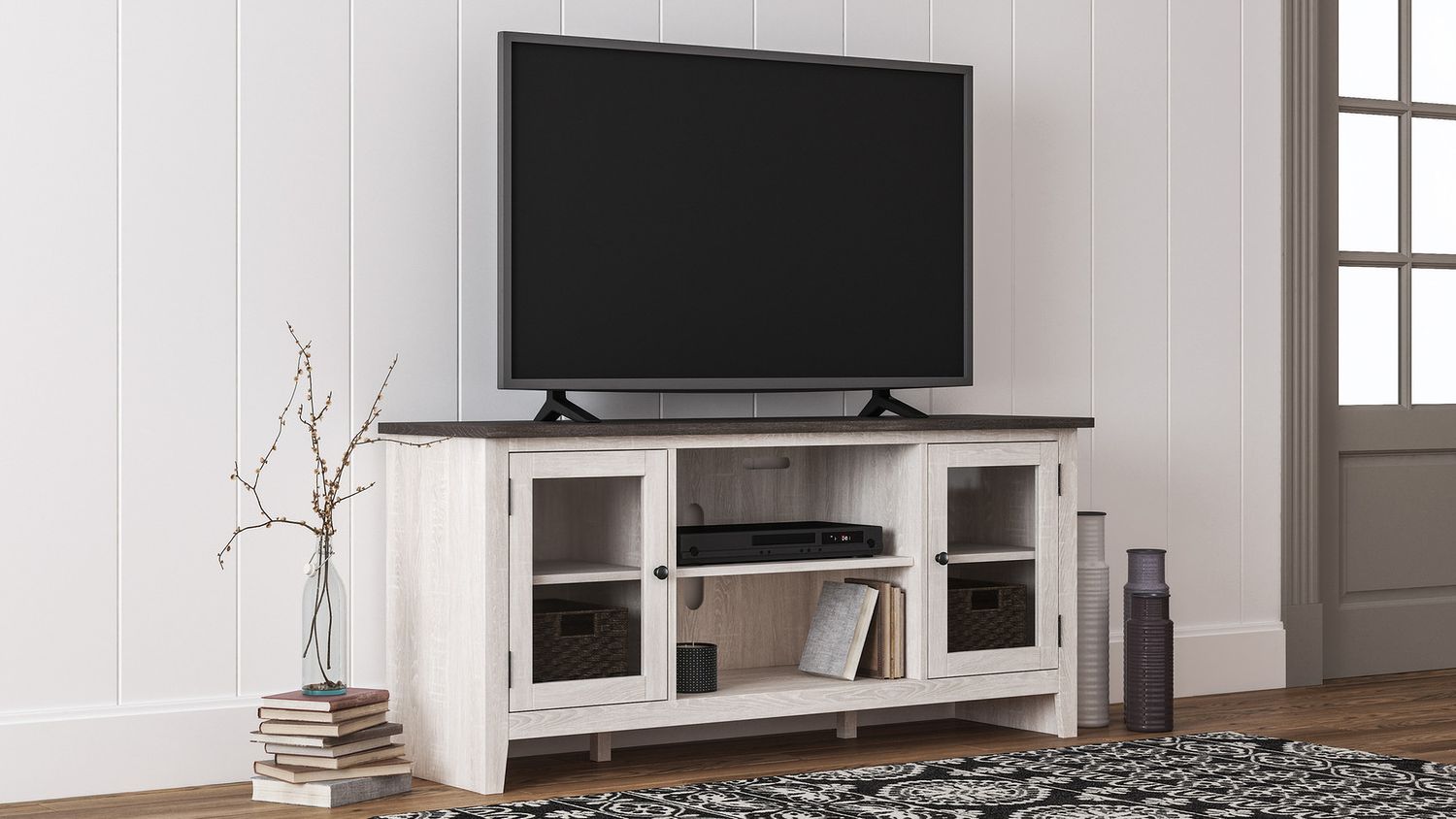 Dorrinson Antique White And Gray 60 Inch TV Stand With Electric Fireplace W287W2