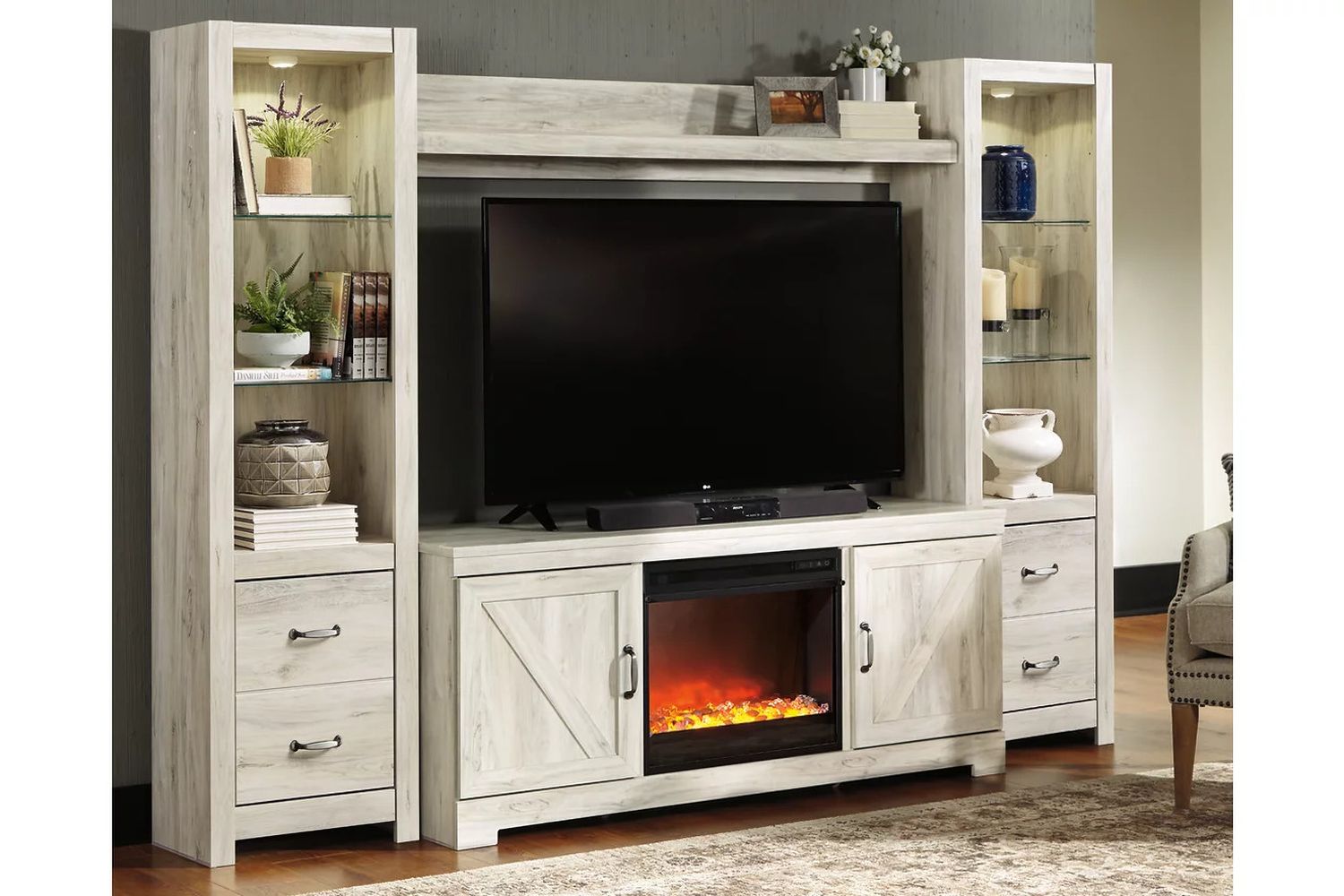 Bellaby 4-Piece Entertainment Center with Fireplace In White Wash W331W5