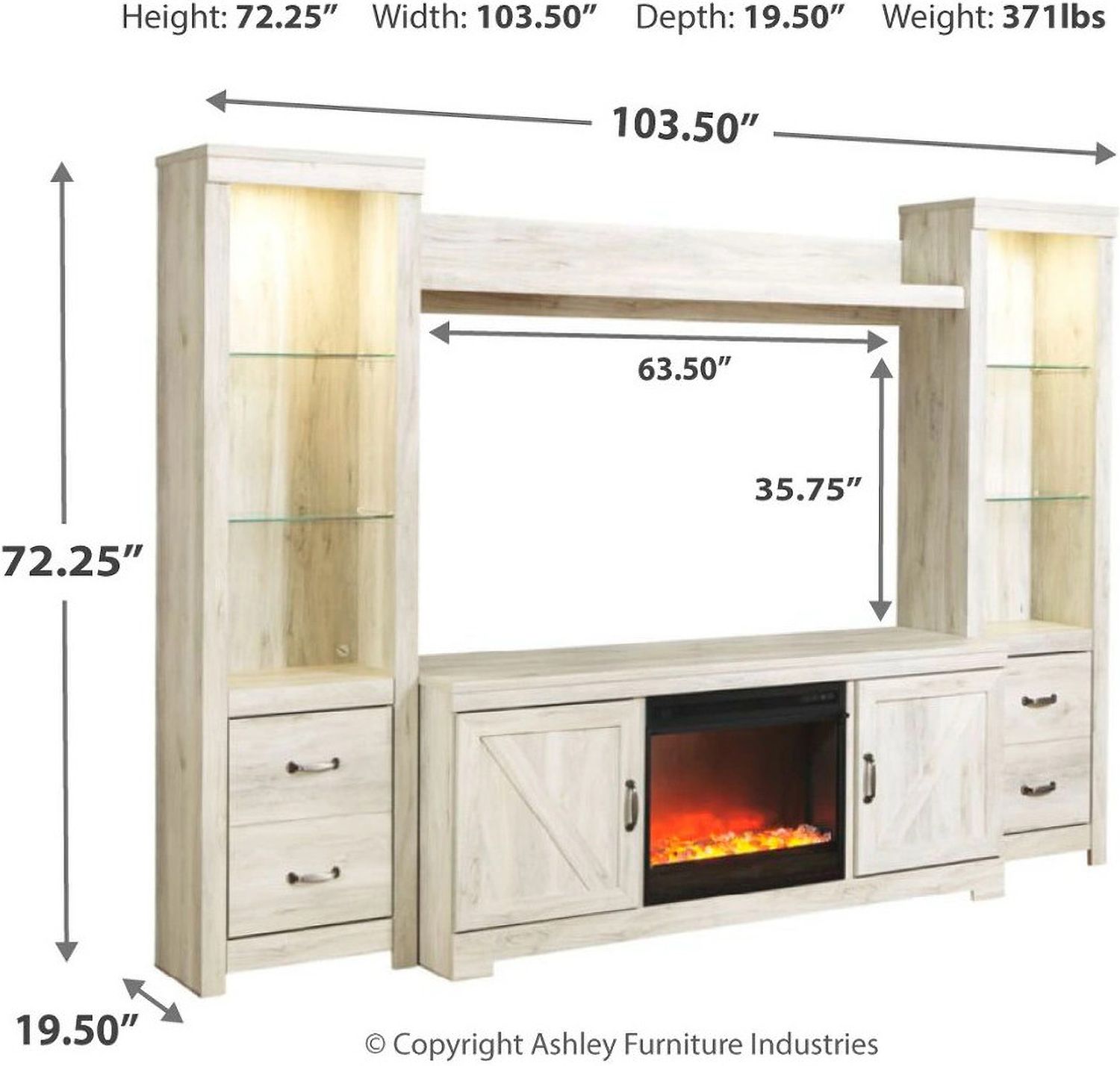 Bellaby 4-Piece Entertainment Center with Fireplace In White Wash W331W5
