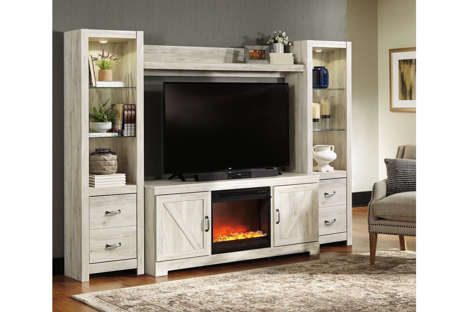 Bellaby 4-Piece Entertainment Center with Fireplace In White Wash W331W5