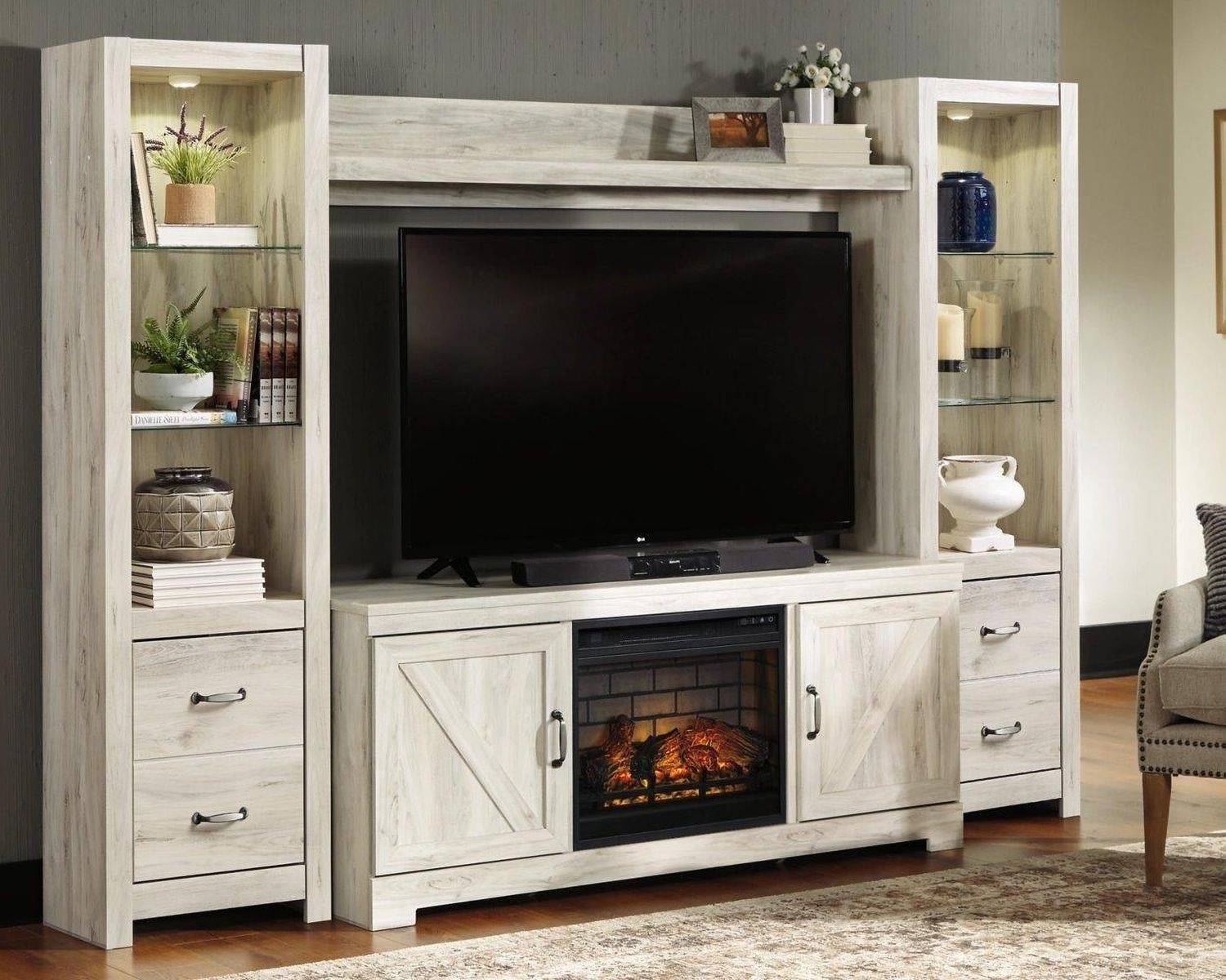Bellaby 4-Piece Entertainment Center with Electric Fireplace In White Wash W331W8