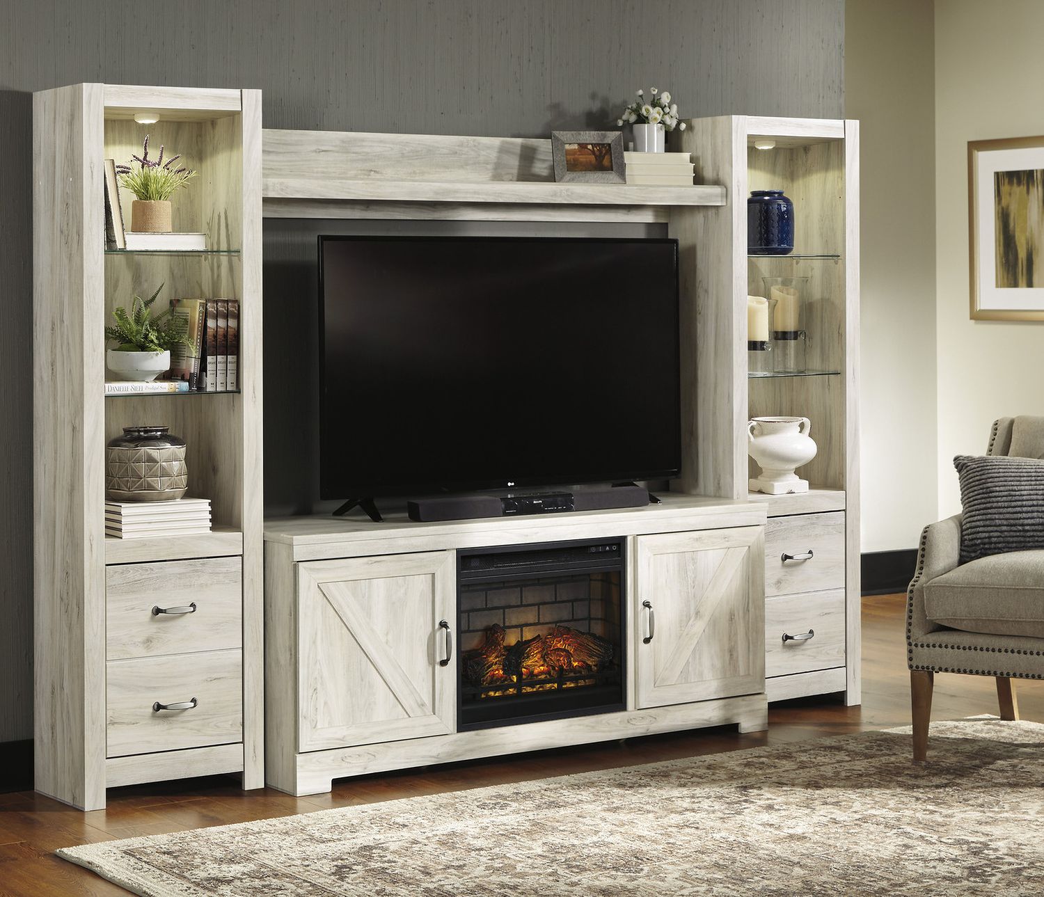 Bellaby 4-Piece Entertainment Center with Electric Fireplace In White Wash W331W8