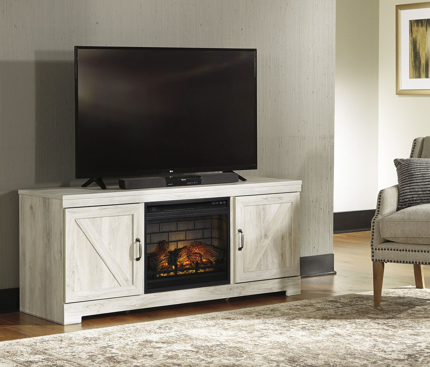 Bellaby 63" TV Stand with Electric Fireplace In White Wash W331W9