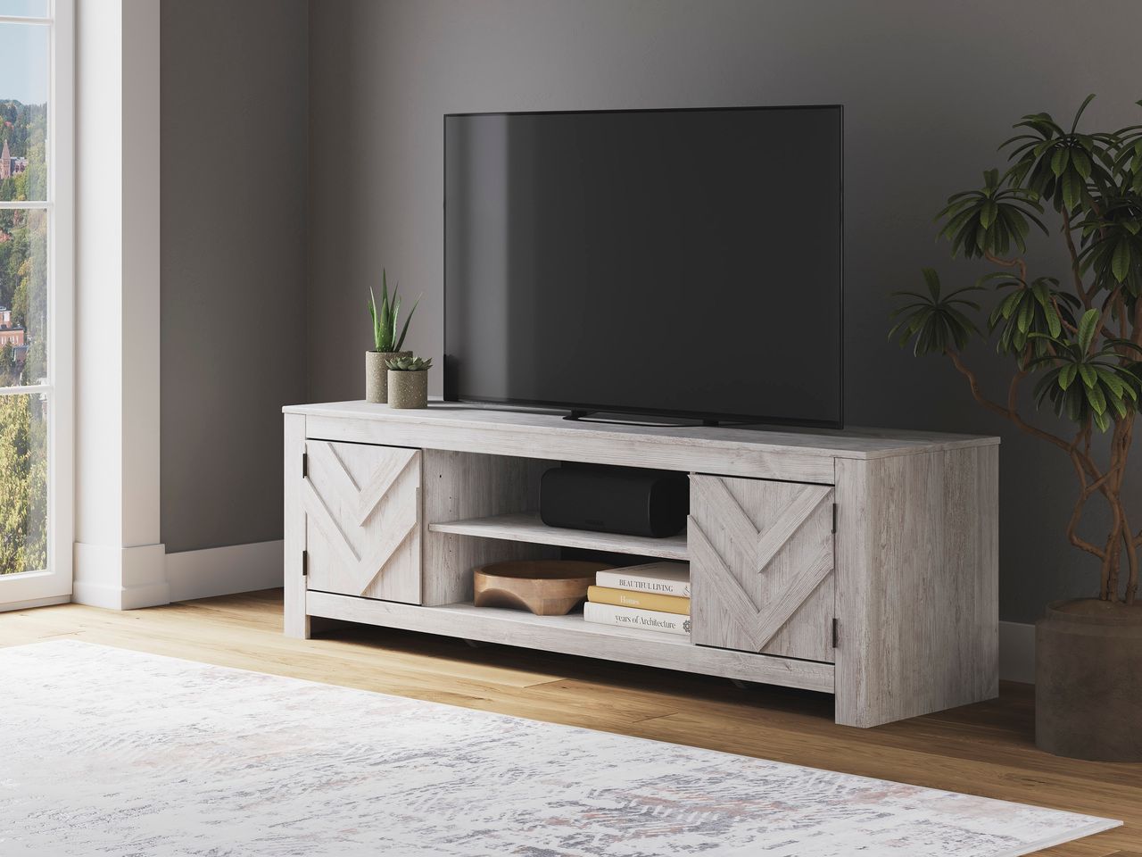 Cayboni 71 Inch TV Stand with Electric Fireplace In White Wash W3788W1