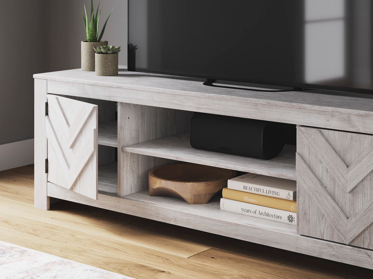 Cayboni 71 Inch TV Stand with Electric Fireplace In White Wash W3788W1