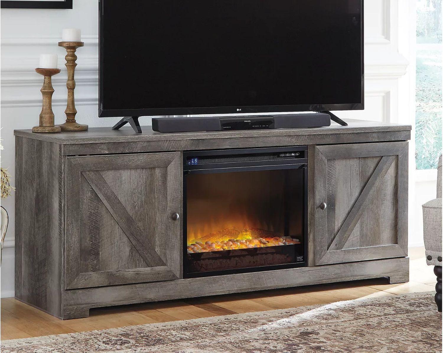Wynnlow Gray Lg Tv Stand with Glass and Stone Fireplace Insert W440W4