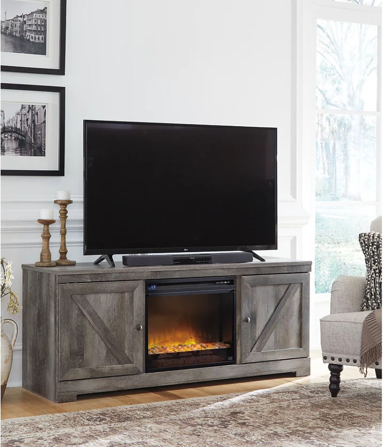 Wynnlow Gray Lg Tv Stand with Glass and Stone Fireplace Insert W440W4