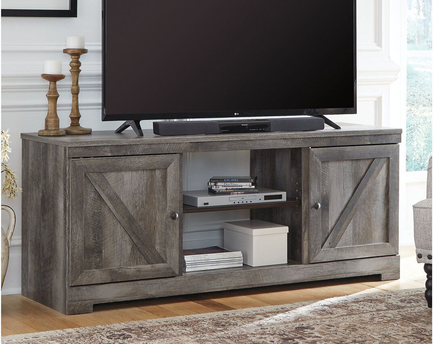 Wynnlow Gray Lg Tv Stand with Glass and Stone Fireplace Insert W440W4
