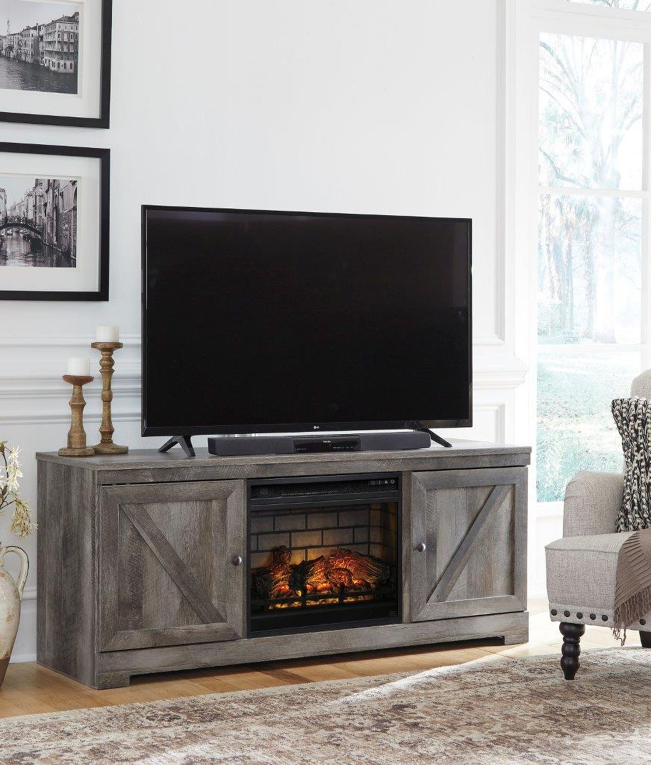 Wynnlow Rustic Gray 63 Inch TV Stand With Electric Infrared Fireplace W440W9