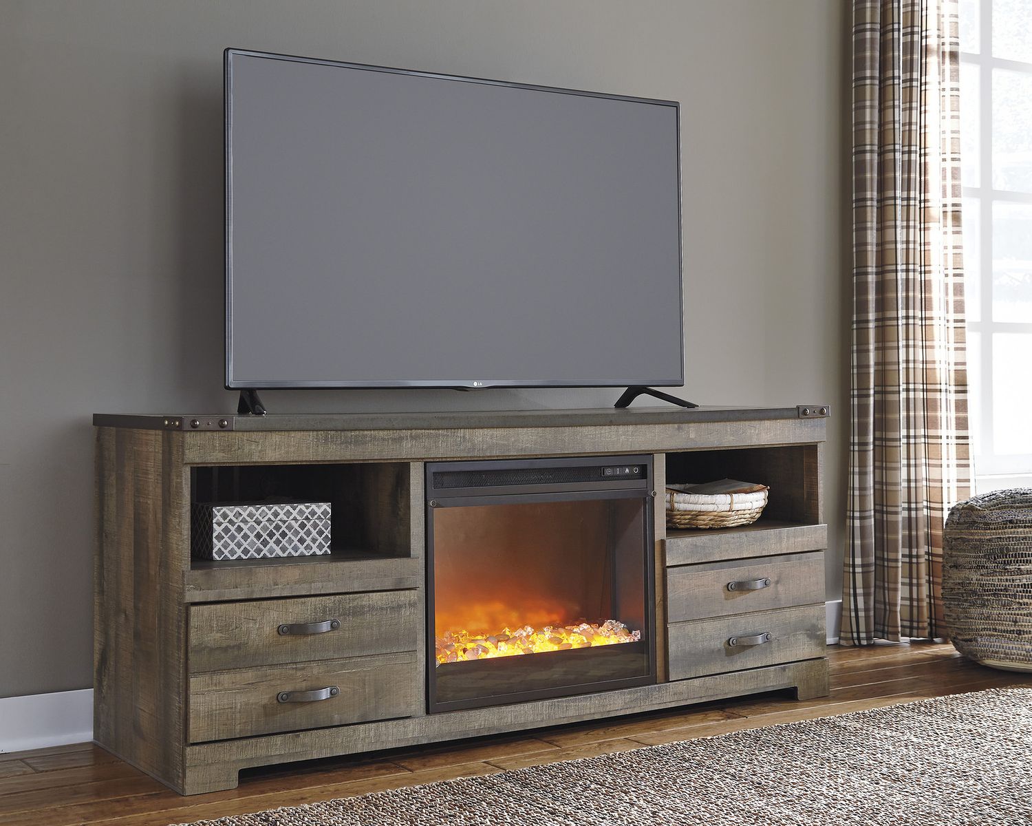 Trinell Brown LG TV Stand With Glass/Stone Fireplace Insert W446W5