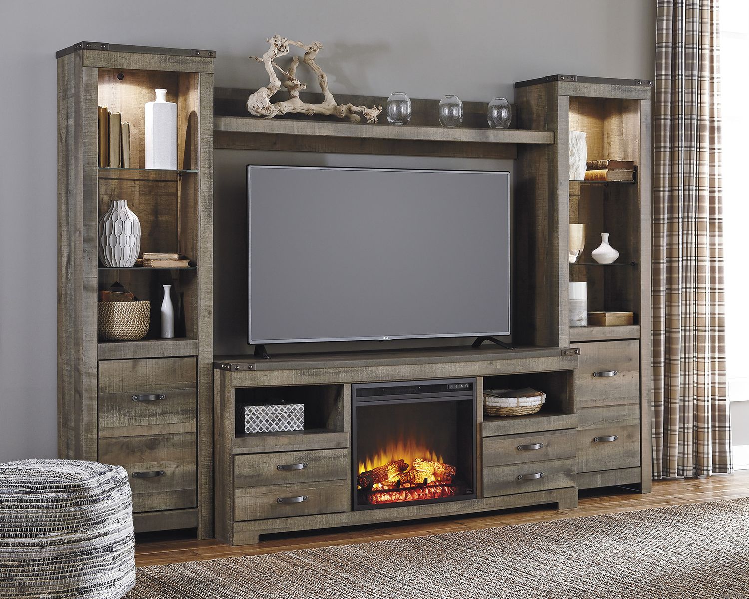 Trinell Brown 5 Piece Entertainment Wall Unit with Fireplace W446W8