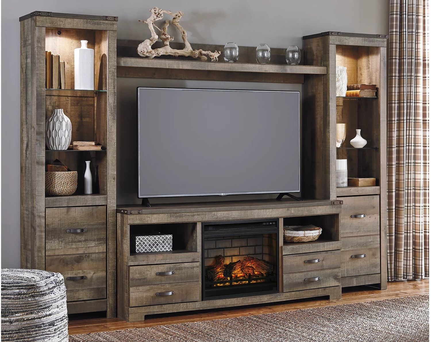Trinell Brown 5 Piece Entertainment Wall Unit with Fireplace W446W8