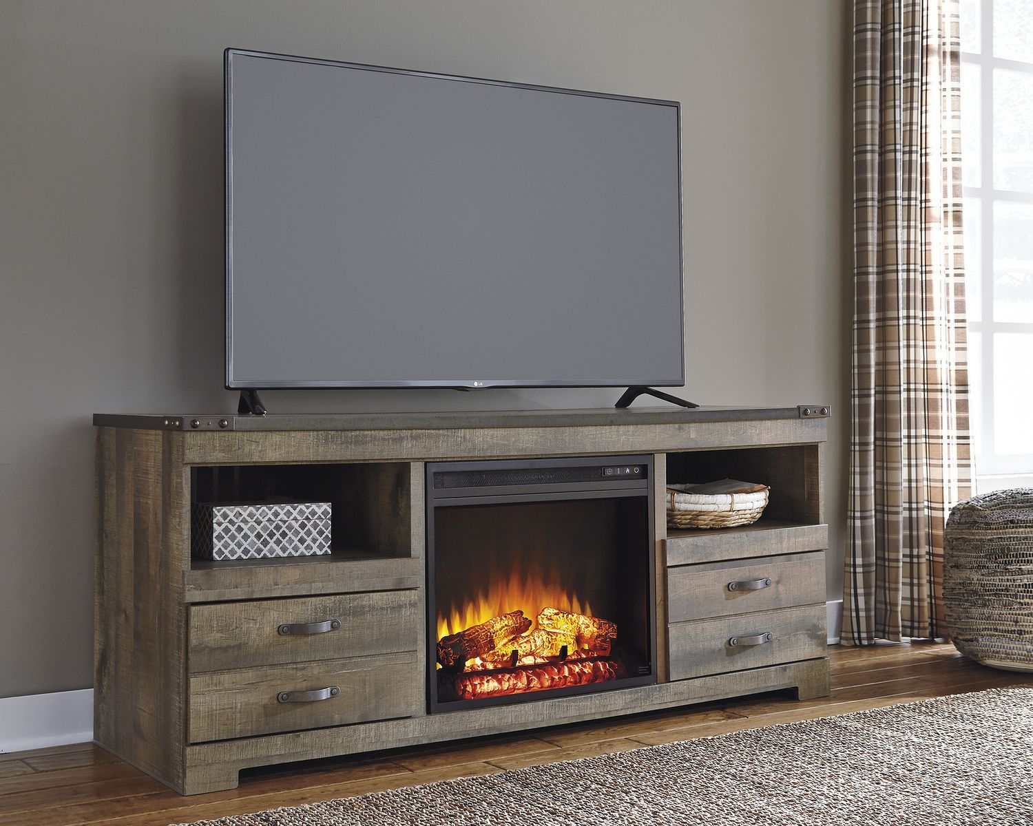Trinell Brown Lg TV Stand With Fireplace Insert W446W9