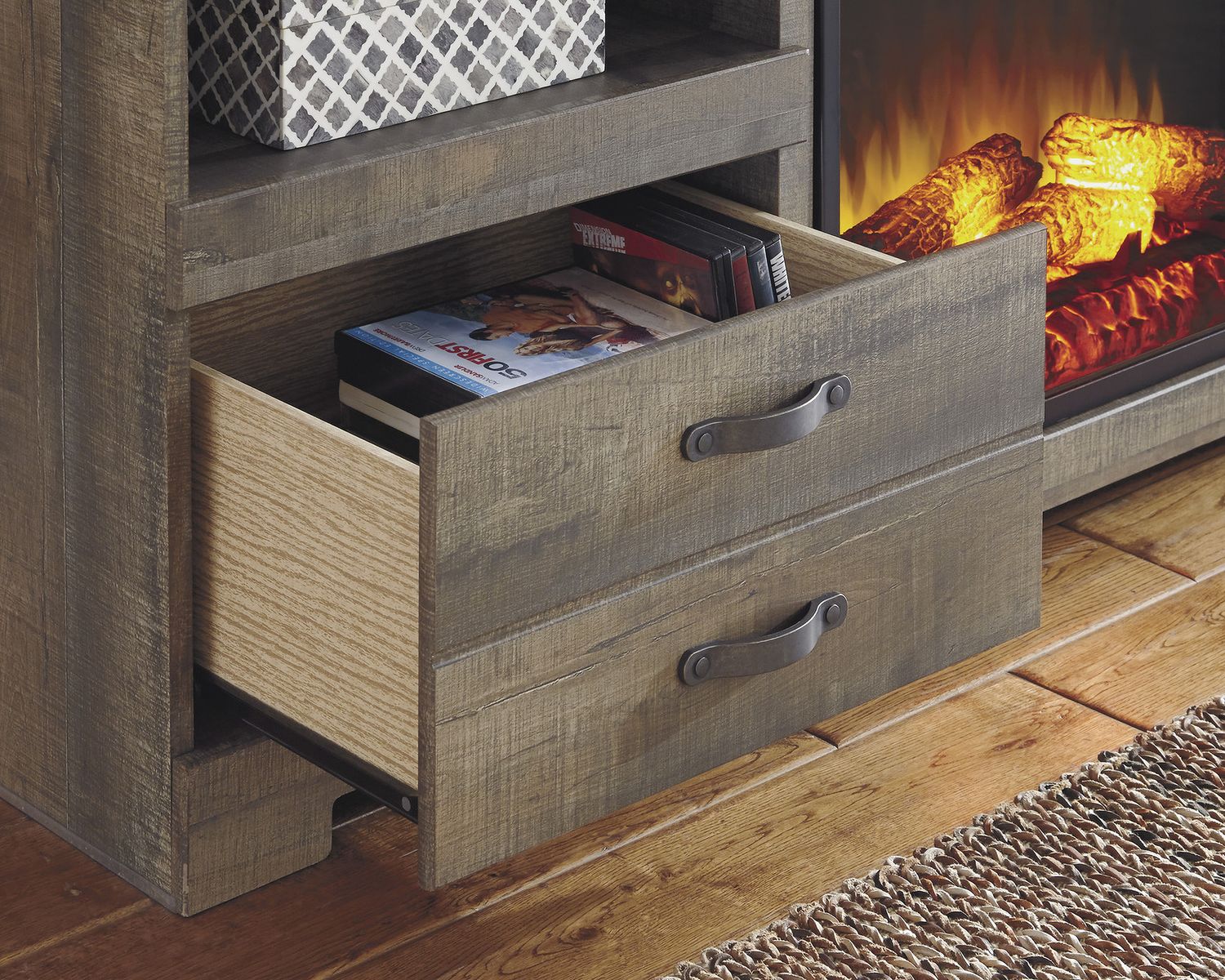 Trinell Brown Lg TV Stand With Fireplace Insert W446W9