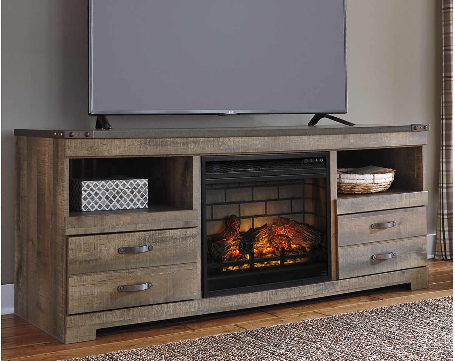 Trinell Brown Lg TV Stand With Fireplace Insert W446W9