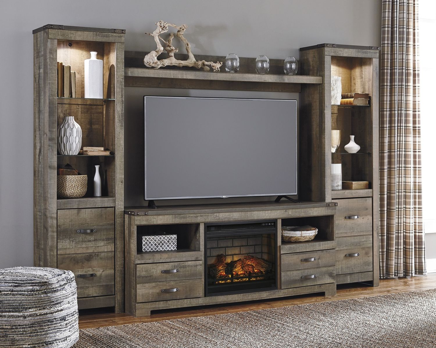 Trinell Brown Lg TV Stand With Fireplace Insert W446W9