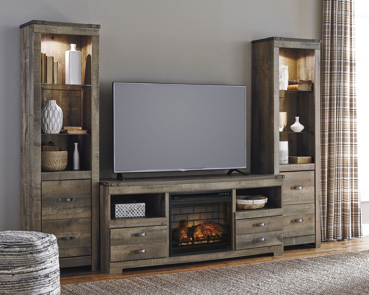 Trinell Brown Lg TV Stand With Fireplace Insert W446W9