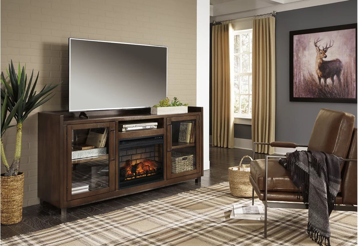 Starmore Brown 70 Inch TV Stand With Electric Infrared Fireplace W633W5