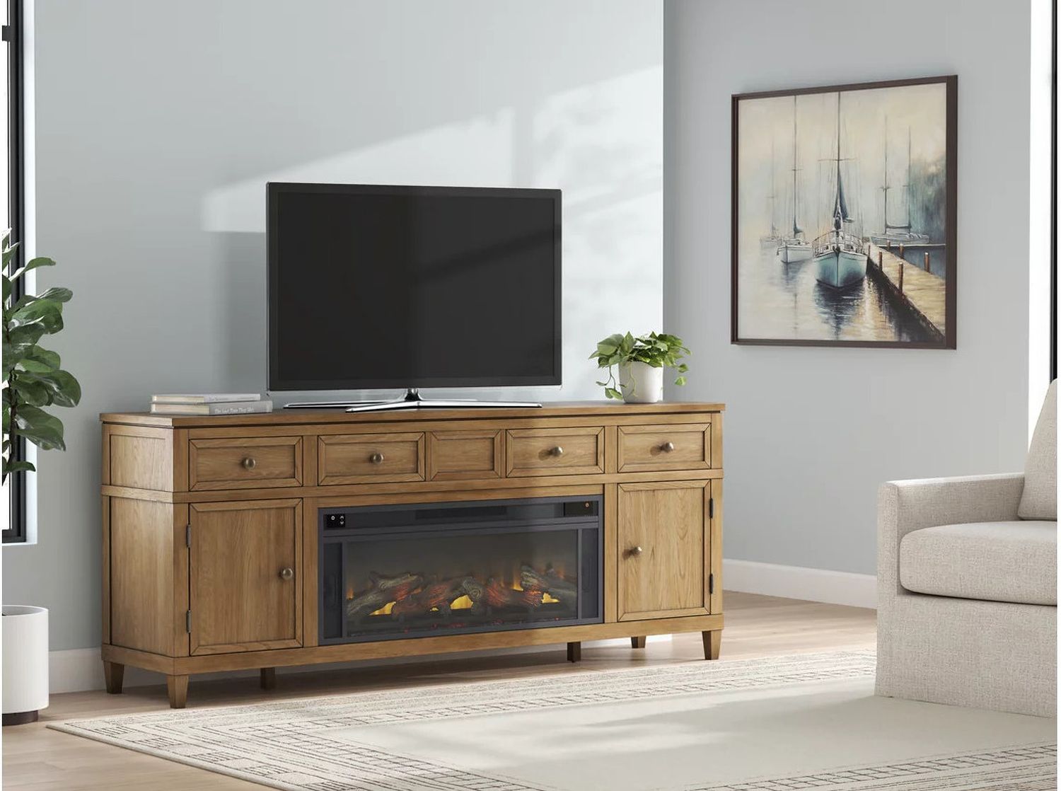 Sharlance 81 Inch TV Stand with Electric Fireplace In Light Brown W655W1