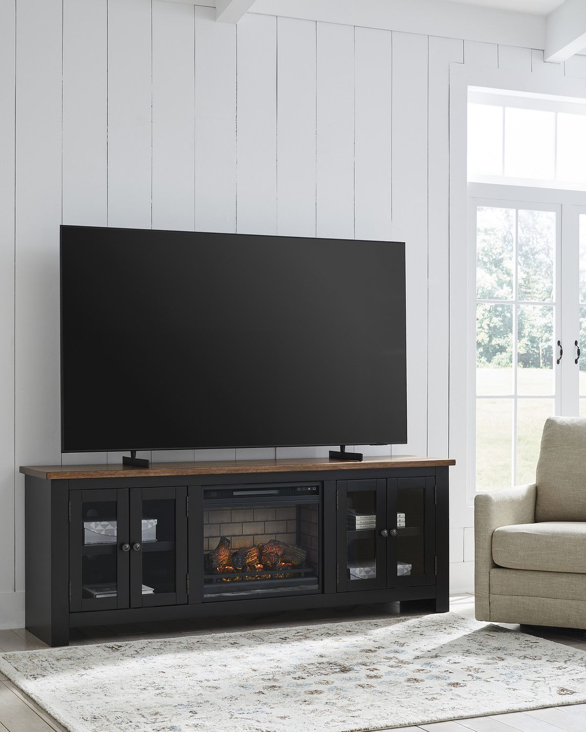 Wildenauer 76 Inch TV Stand with Electric Fireplace In Brown and Black W664W1