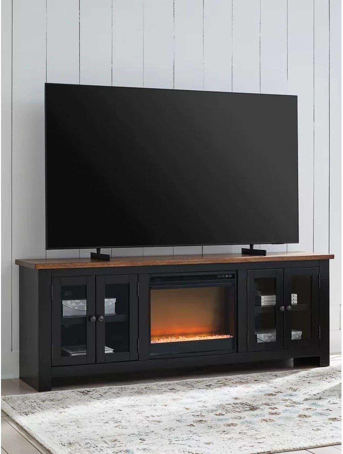 Wildenauer 76 Inch TV Stand with Electric Fireplace In Brown and Black W664W2
