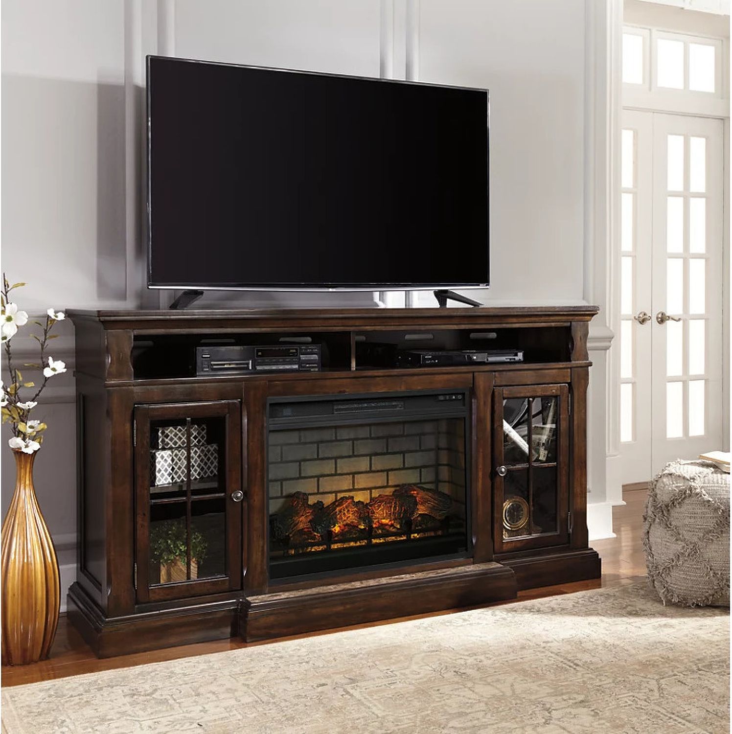 Roddinton Dark Brown 72 Inch TV Stand With Electric Fireplace W701W8