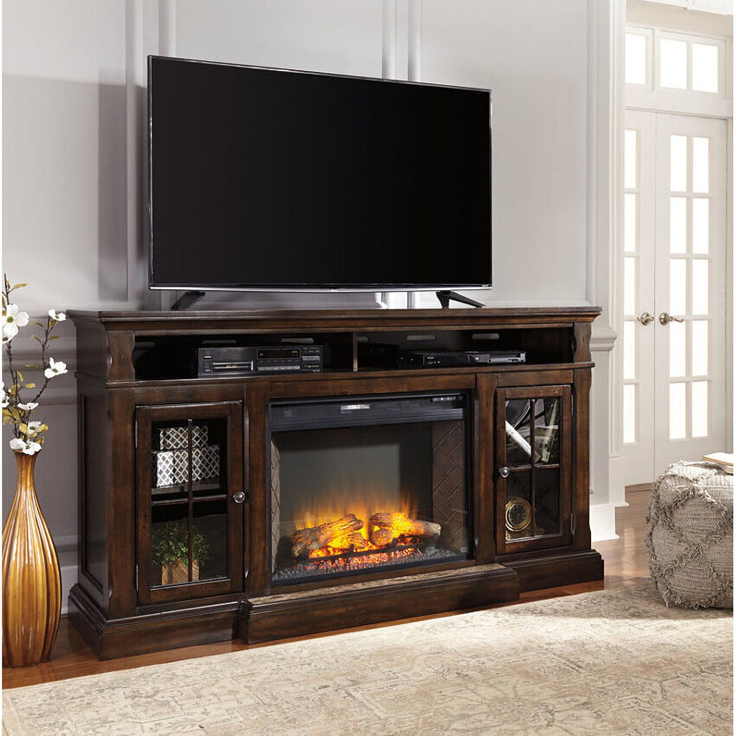 Roddinton Dark Brown 72 Inch TV Stand With Electric Fireplace W701W8