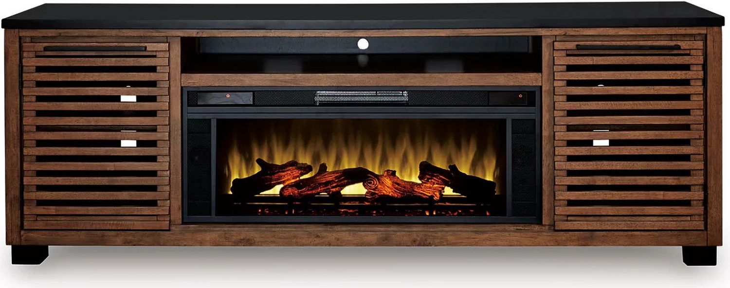 Kallari 84 Inch TV Stand with Electric Fireplace In Warm Brown and Black W737W1