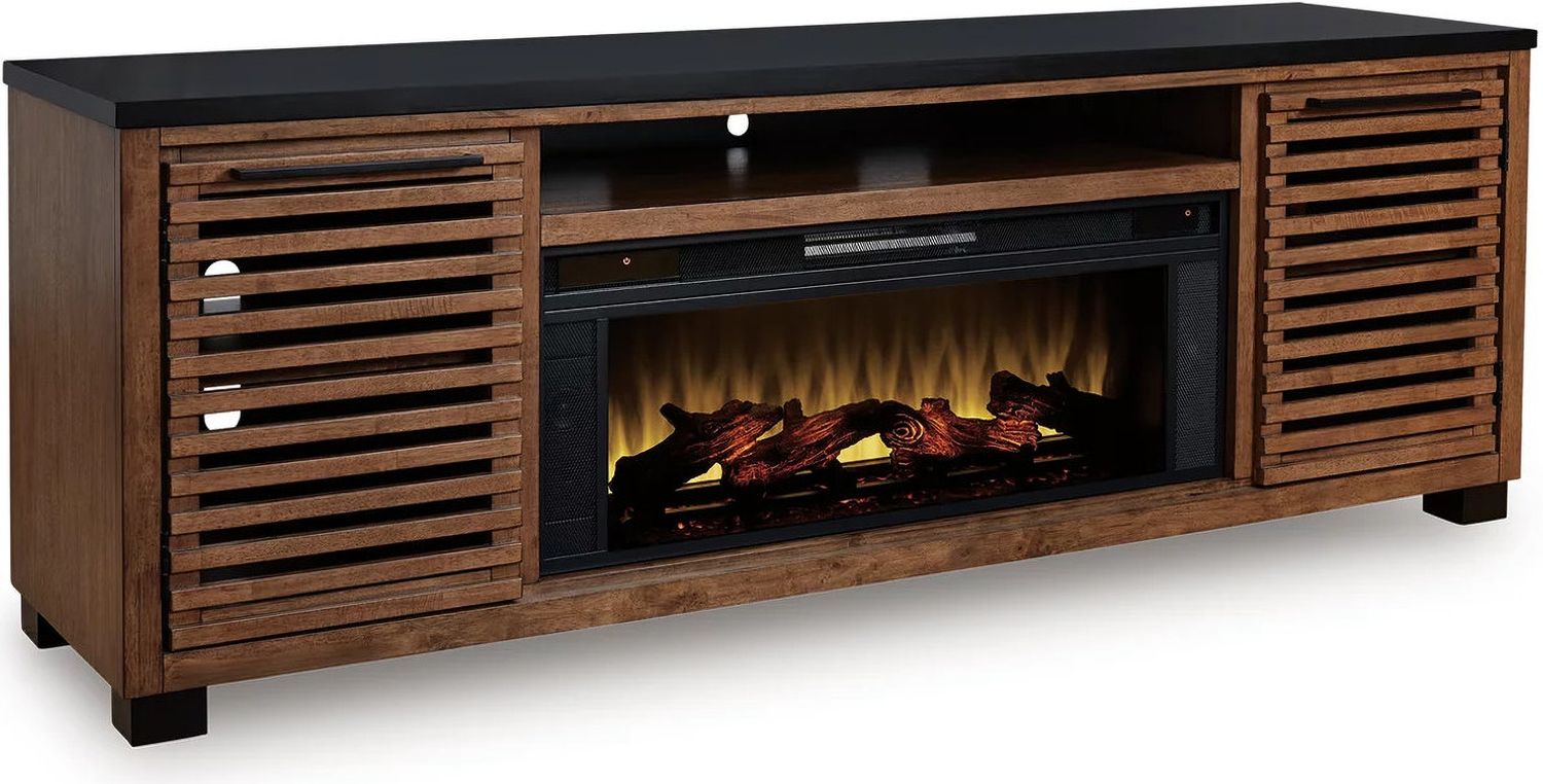 Kallari 84 Inch TV Stand with Electric Fireplace In Warm Brown and Black W737W1
