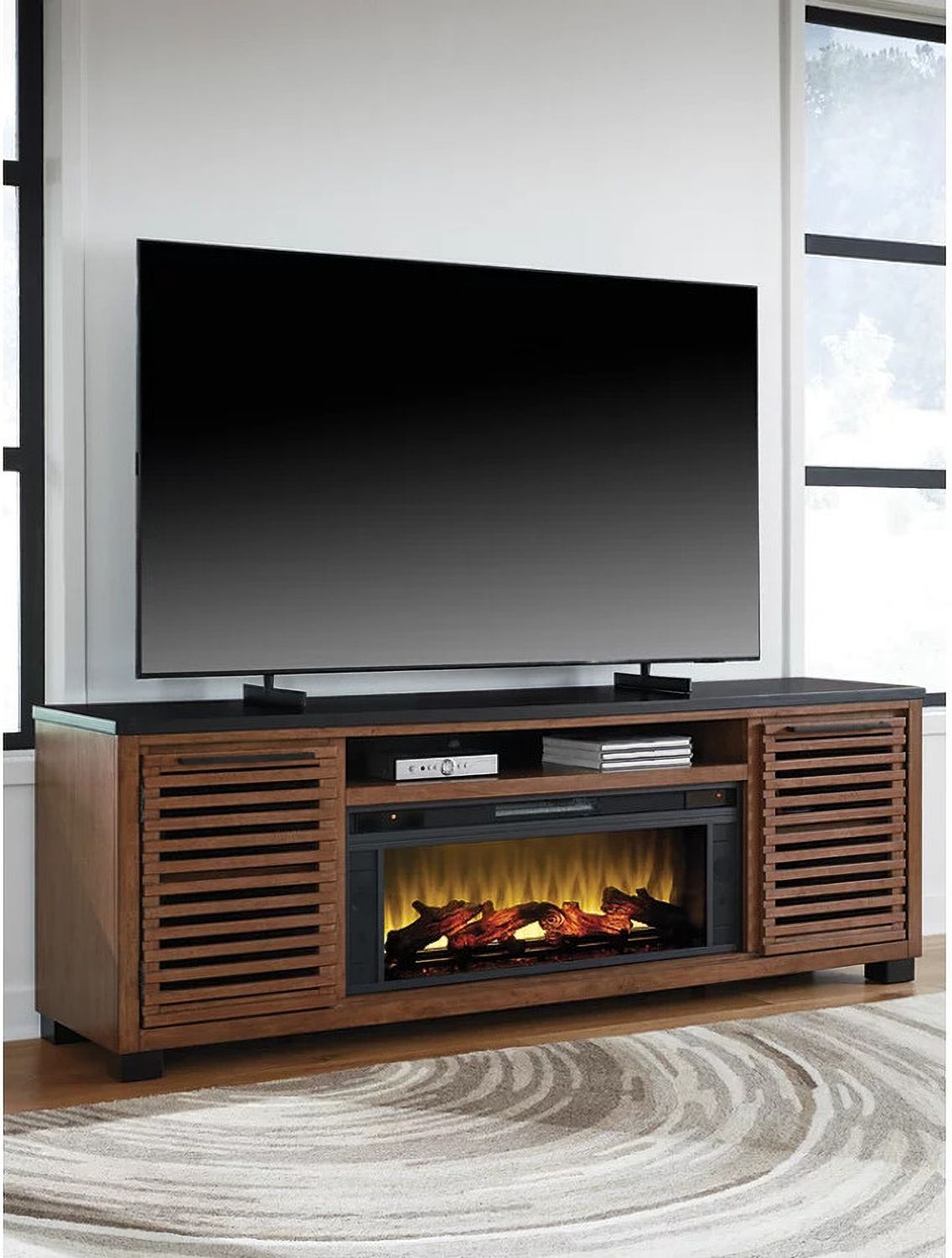 Kallari 84 Inch TV Stand with Electric Fireplace In Warm Brown and Black W737W1