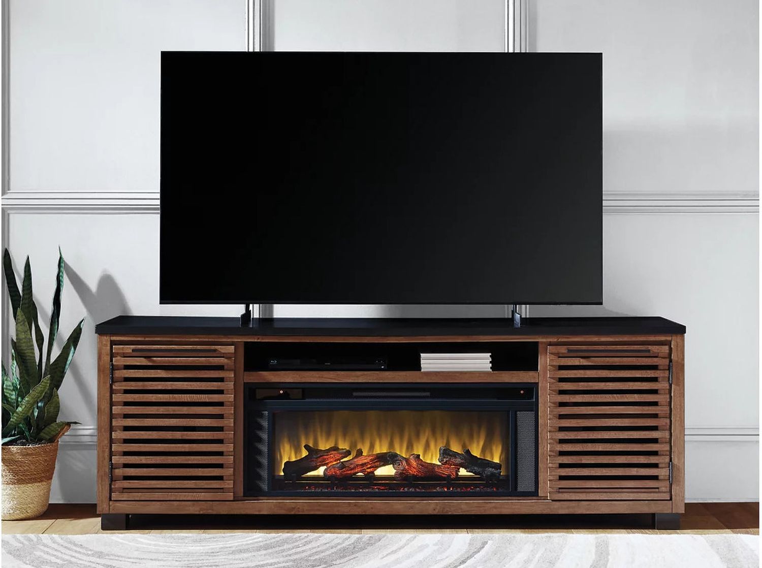 Kallari 84 Inch TV Stand with Electric Fireplace In Warm Brown and Black W737W1