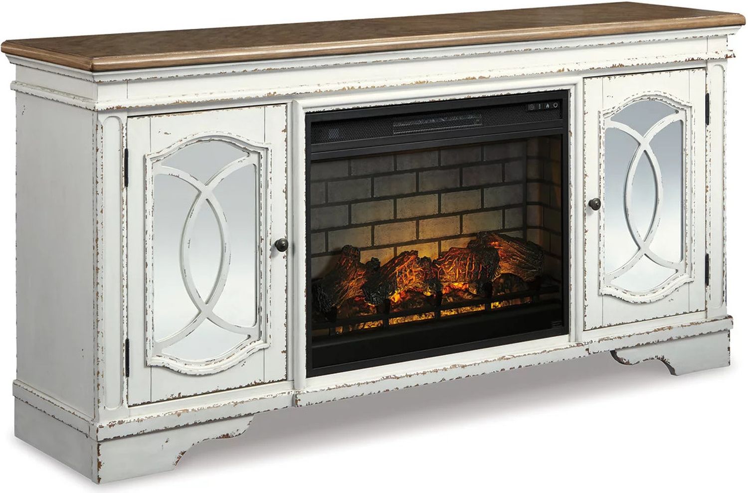Realyn Chipped White And Distressed 74 Inch TV Stand With Electric Fireplace W743W2