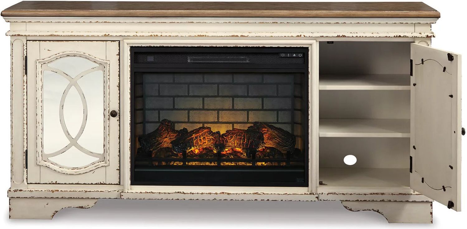 Realyn Chipped White And Distressed 74 Inch TV Stand With Electric Fireplace W743W2