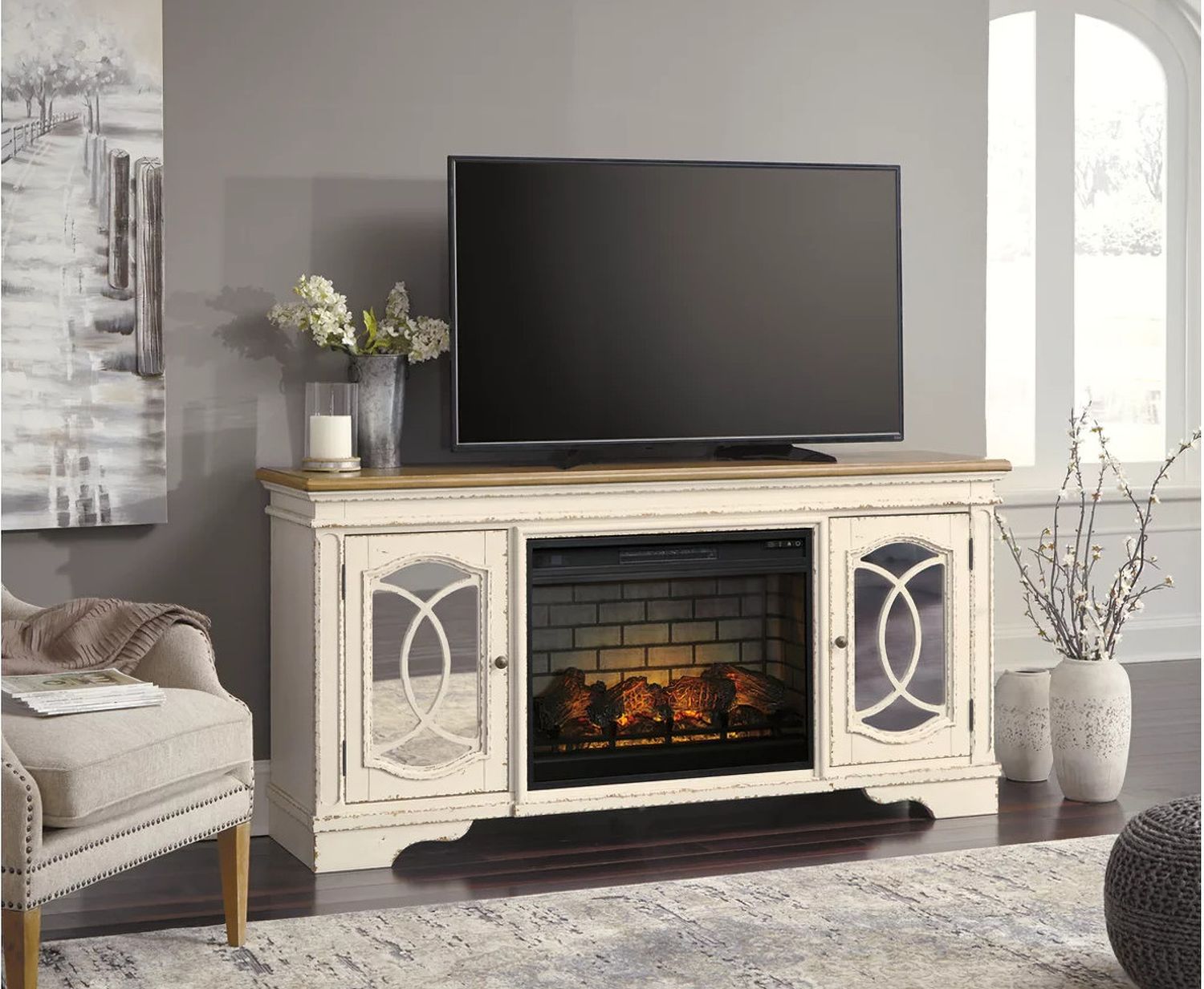 Realyn Chipped White And Distressed 74 Inch TV Stand With Electric Fireplace W743W2