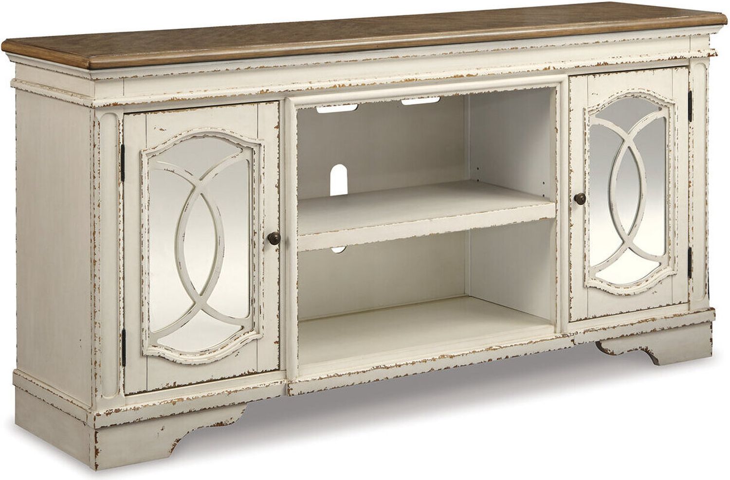 Realyn Chipped White And Distressed 74 Inch TV Stand With Electric Fireplace W743W2