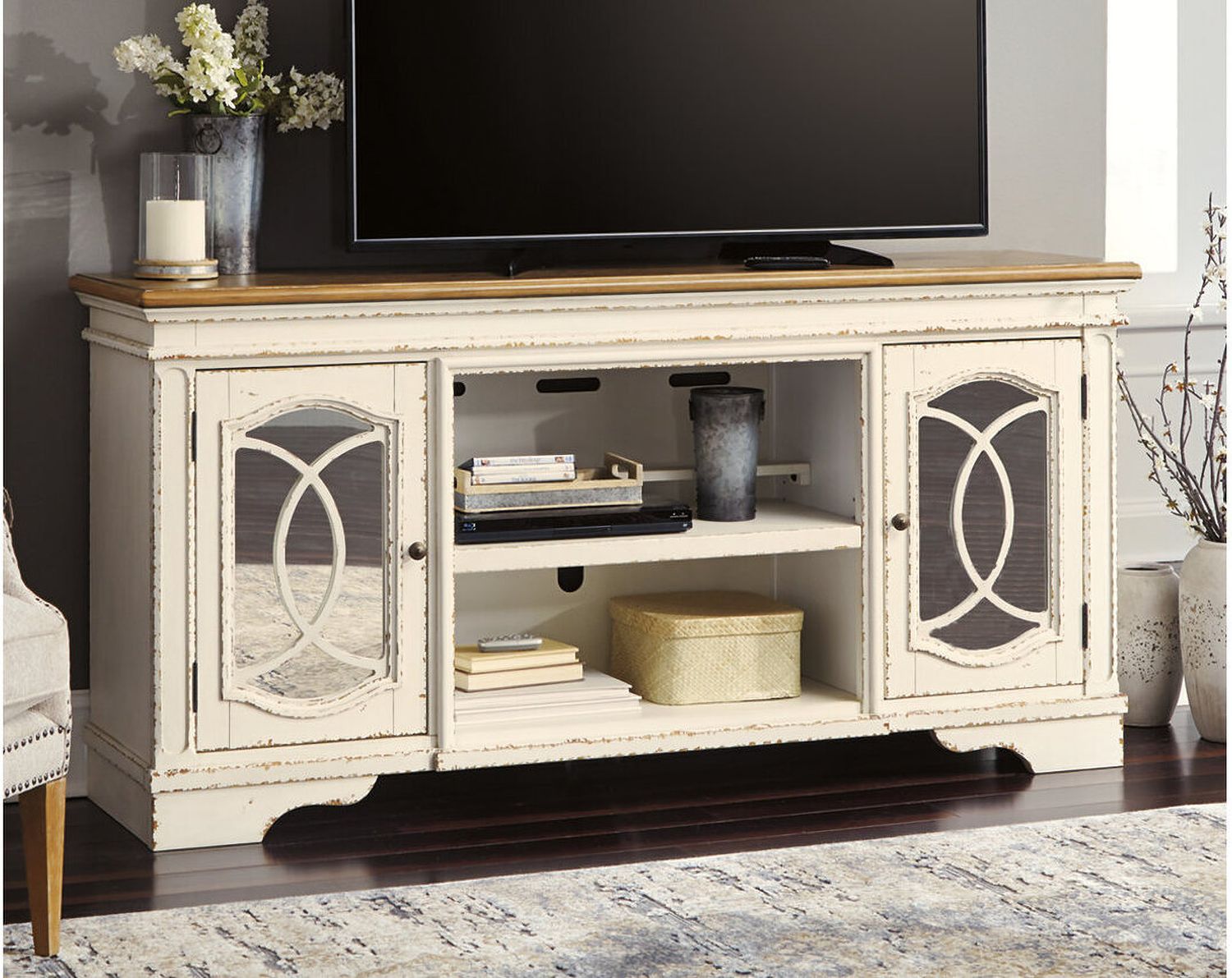 Realyn Chipped White And Distressed 74 Inch TV Stand With Electric Fireplace W743W2
