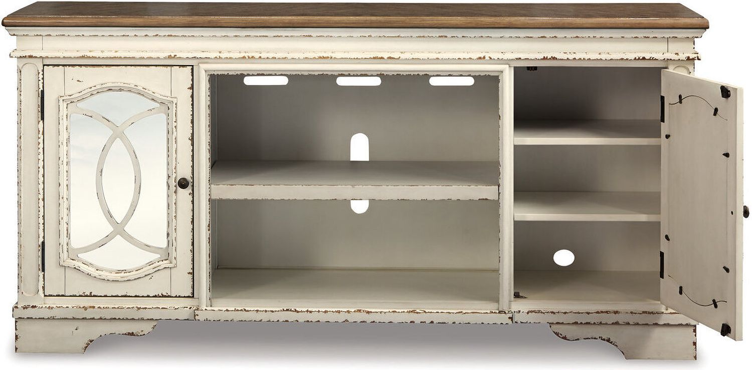 Realyn Chipped White And Distressed 74 Inch TV Stand With Electric Fireplace W743W2