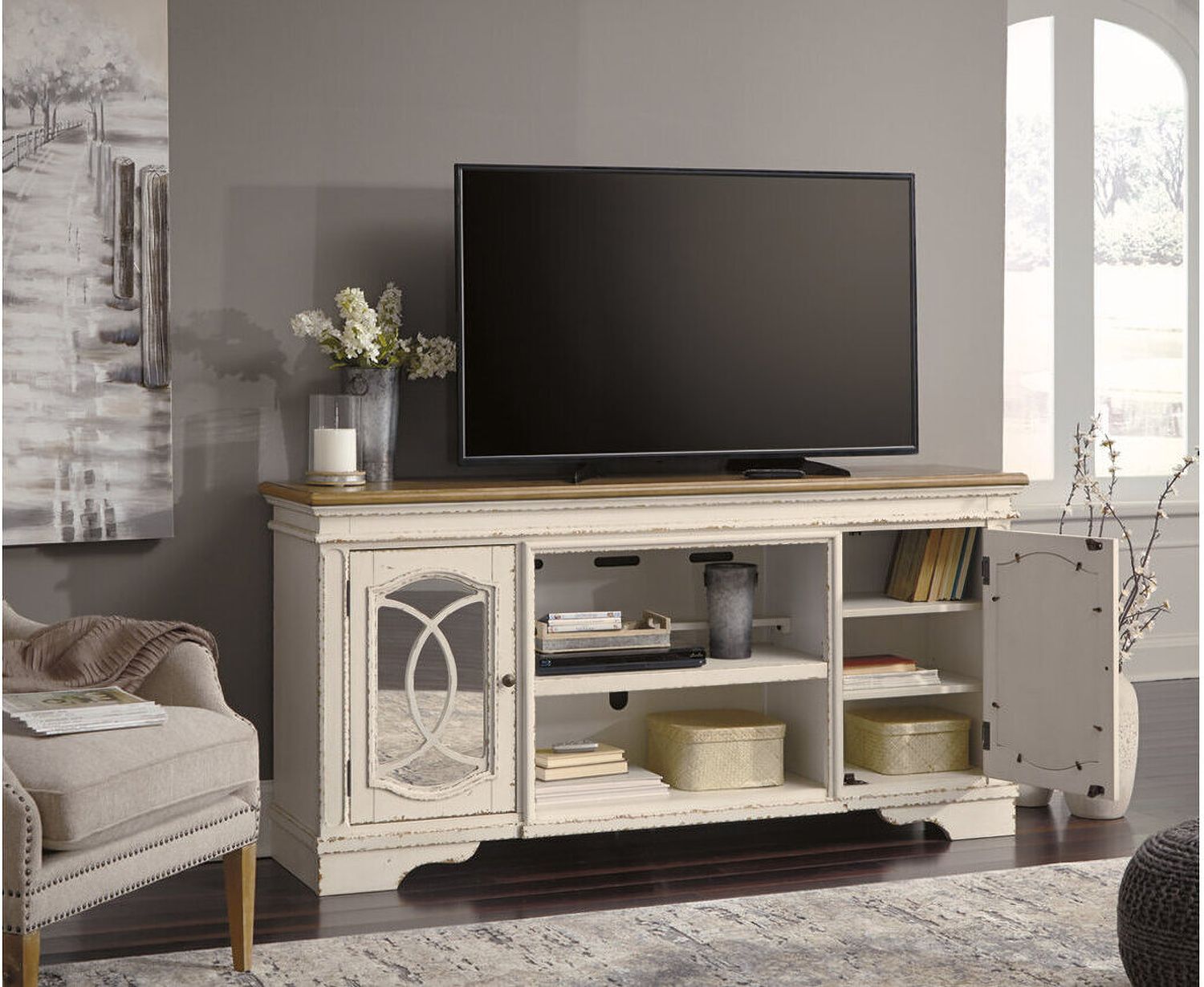 Realyn Chipped White And Distressed 74 Inch TV Stand With Electric Fireplace W743W2