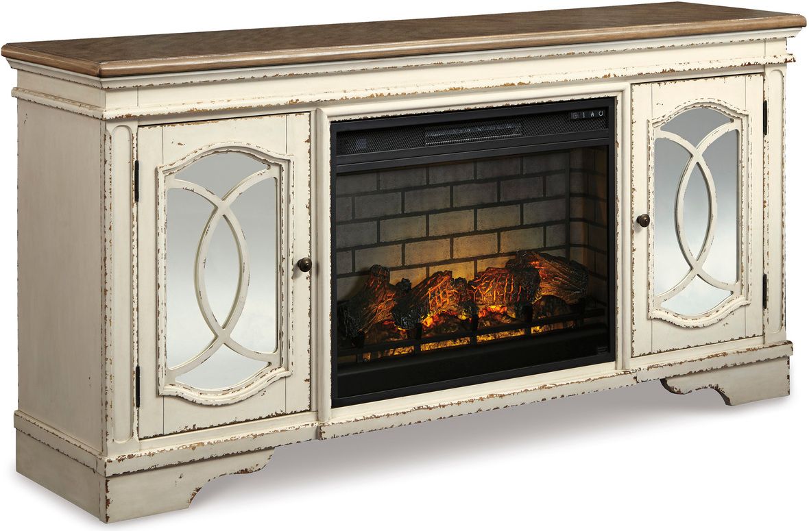 Realyn Chipped White And Distressed 74 Inch TV Stand With Electric Fireplace W743W2