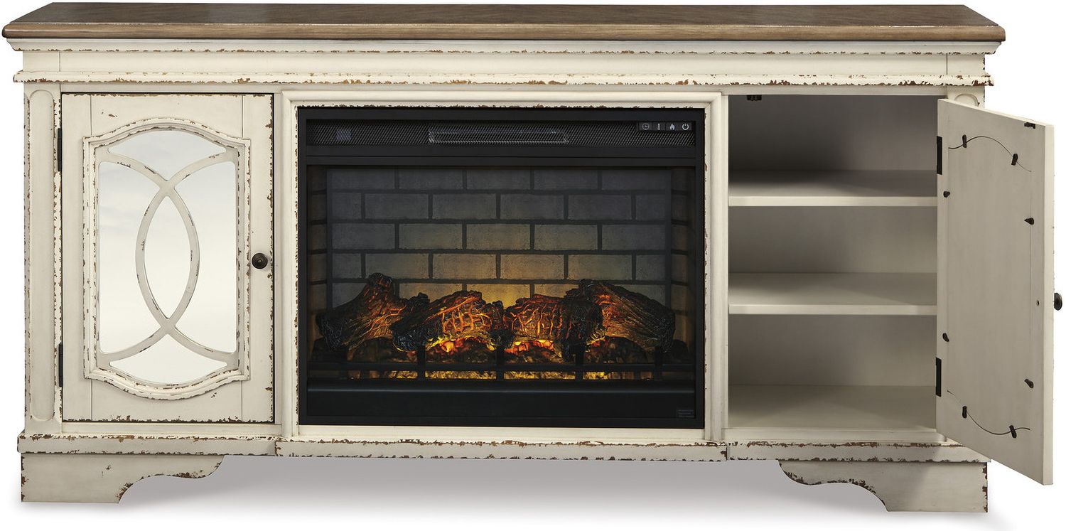 Realyn Chipped White And Distressed 74 Inch TV Stand With Electric Fireplace W743W2