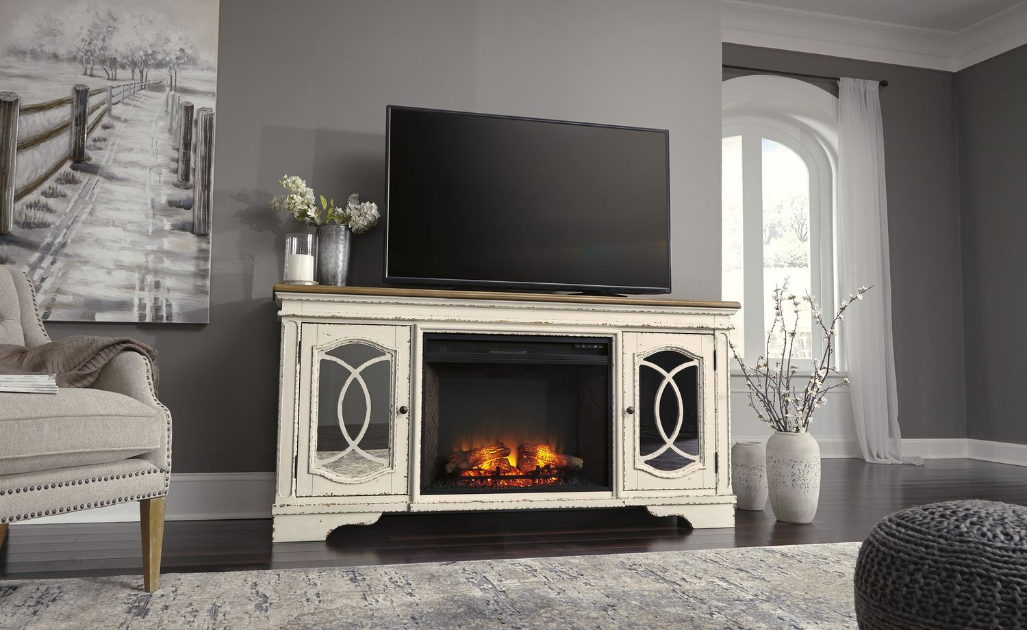 Realyn Chipped White And Distressed 74 Inch TV Stand With Electric Fireplace W743W2
